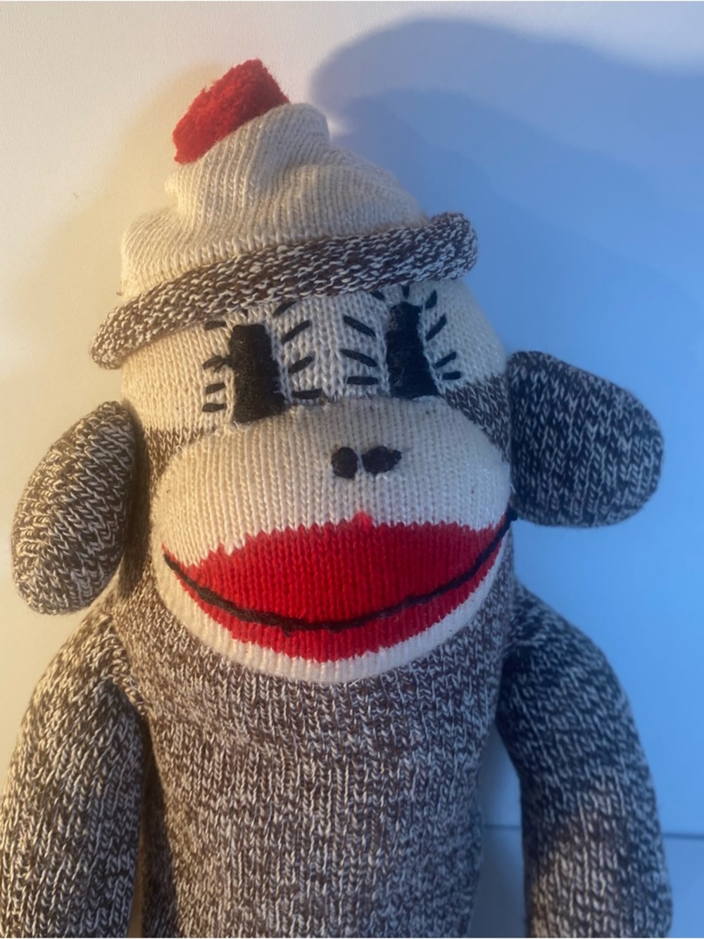 Vintage Classic Red Heel Folk Art Handmade Sock Monkey With Beanie 
10.5” Seated